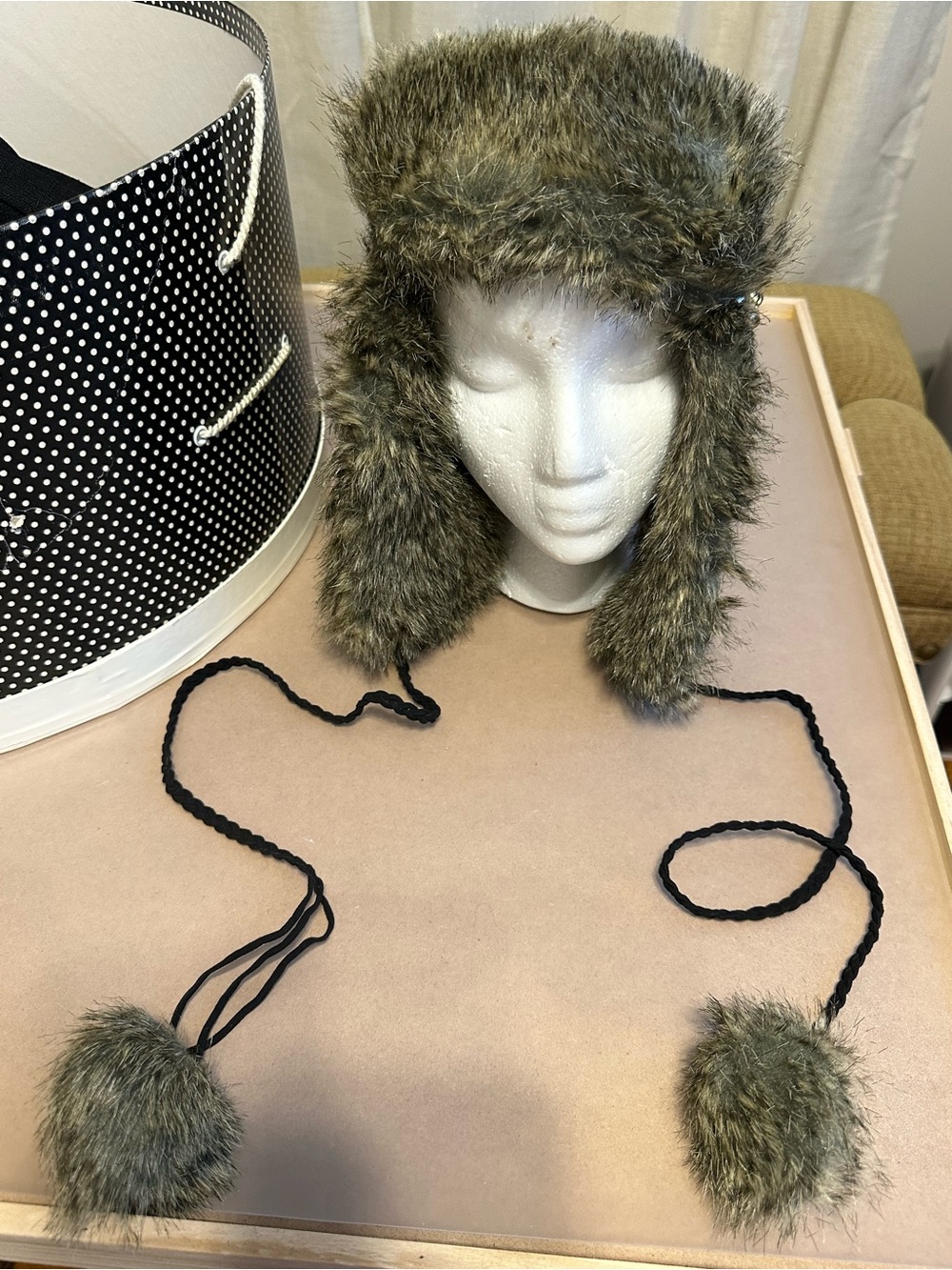 Betsey Johnson Faux Fur Trapper Hat in Olive with embroidery